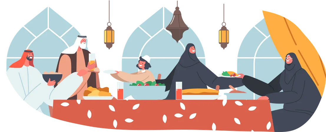 Icono Aislado De Celebracion Navidena De Ramadan Los Personajes Jovenes Y Viejos De La Familia Arabe Tradicional Comen Ifthar Sentados En La Mesa Con Comidas Festivas Durante El Mes Sagrado Musulman Ilustracion De Vector De Personas De Dibujos Animados Ilustración