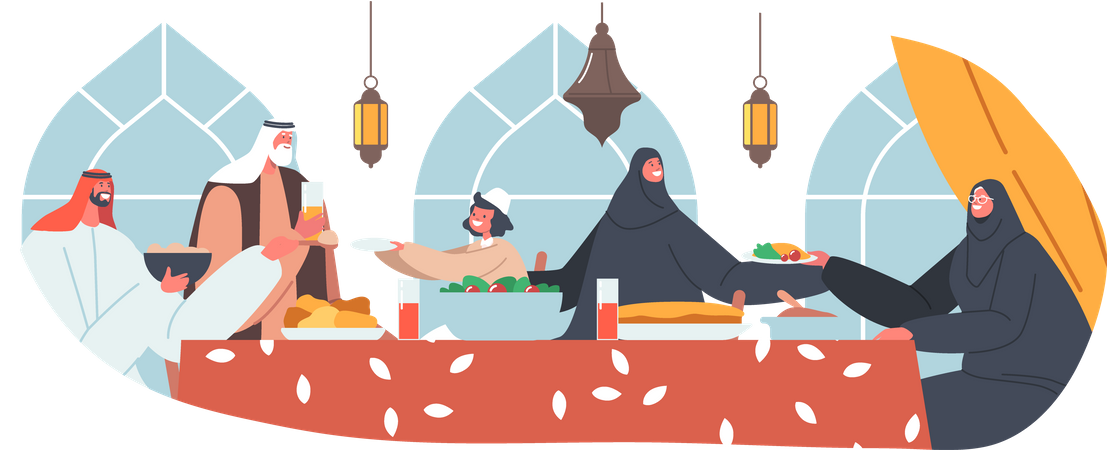 Família Árabe come Ifthar no Ramadã  Ilustração