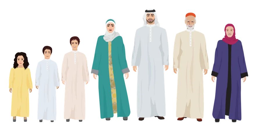 Familia árabe en traje tradicional  Ilustración