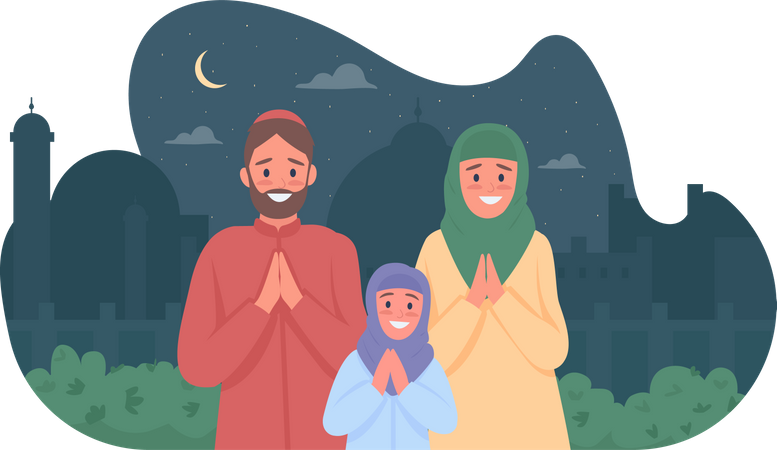 Família árabe feliz rezando no Ramadã  Ilustração