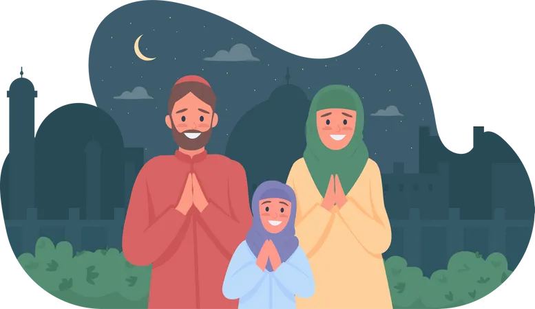 Família árabe feliz rezando no Ramadã  Ilustração