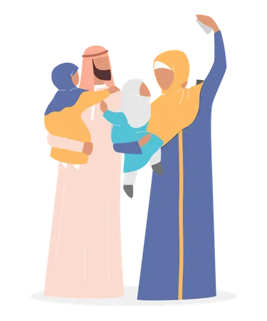 Familia Arabe Feliz Tirando Selfie Familia Muculmana Com Roupas Arabes Tirando Fotos De Si Mesmas Familia Tradicional Ilustracao Vetorial Plana Ilustração