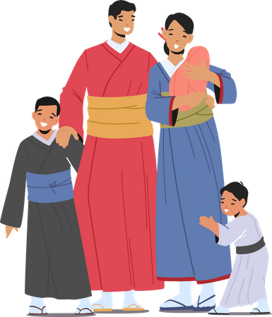 Família asiática com crianças vestindo quimono tradicional  Ilustração