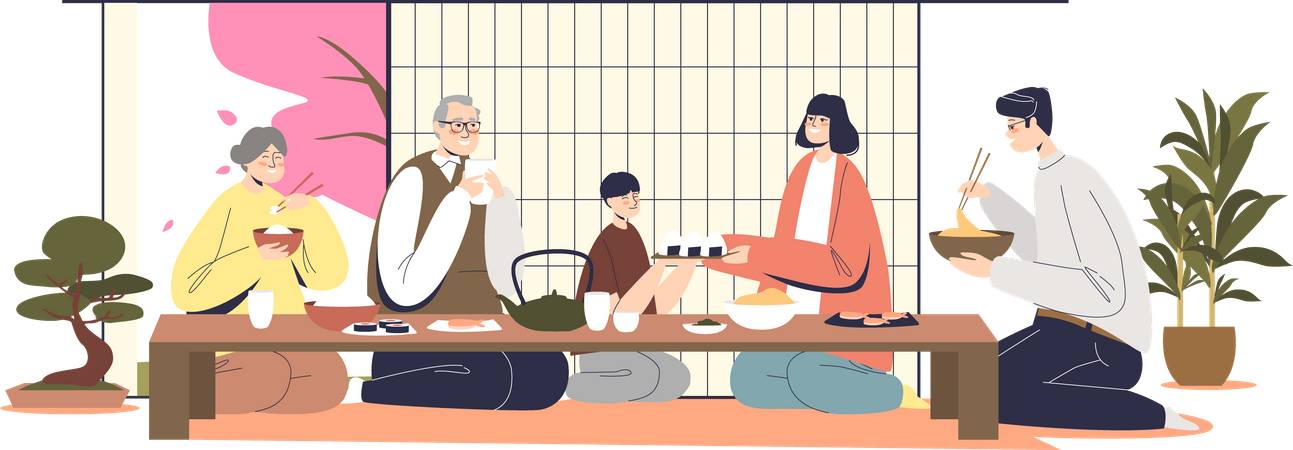 Familia asiática comiendo juntos  Ilustración
