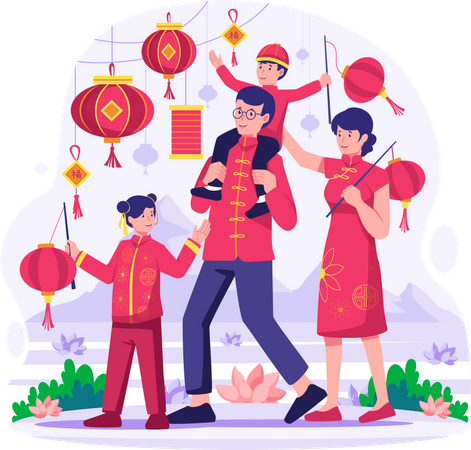 Familia asiática con vestimenta tradicional celebra el año nuevo chino  Ilustración