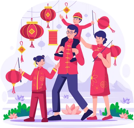 Familia asiática con vestimenta tradicional celebra el año nuevo chino  Ilustración