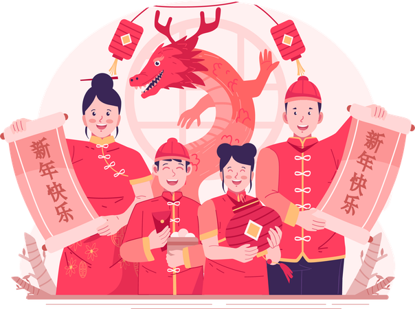 Familia asiática con trajes tradicionales chinos sosteniendo un rollo de caligrafía escrito  Ilustración