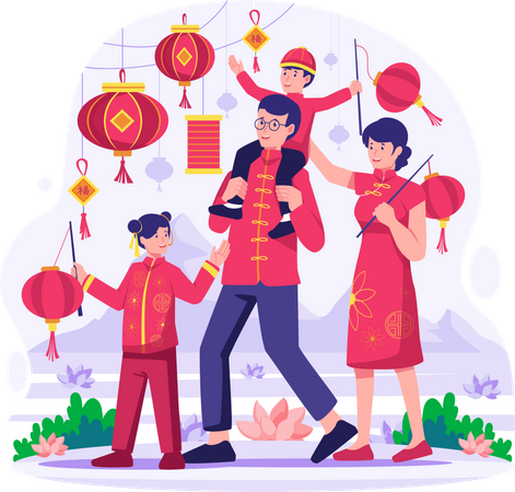 Família asiática em trajes tradicionais comemora o ano novo chinês  Ilustração