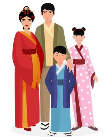 Familia asiática en traje tradicional  Ilustración