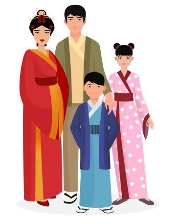 Familia asiática en traje tradicional  Ilustración