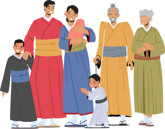 Familia asiática feliz de pie juntos  Ilustración