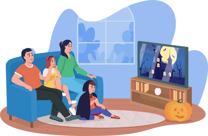 Família assistindo filme de terror  Ilustração