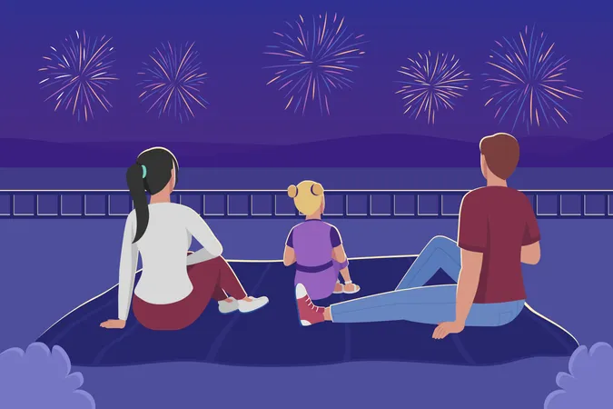 Família assistindo fogos de artifício  Ilustração