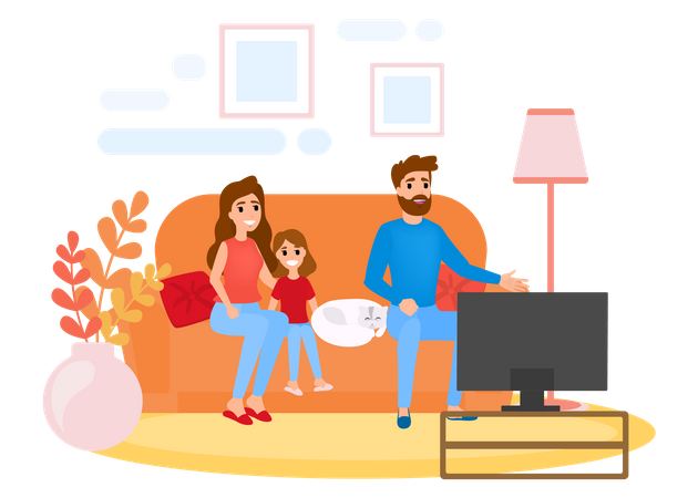 Família assistindo TV enquanto está sentado no sofá juntos  Ilustração