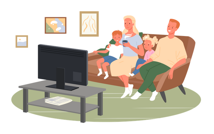 Família assistindo TV juntos  Ilustração
