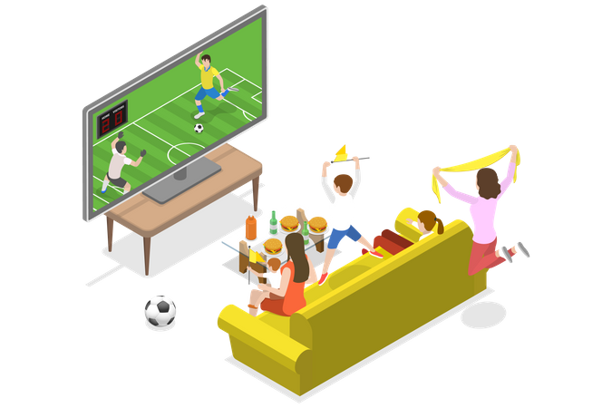 Família assiste jogo de futebol na TV  Ilustração