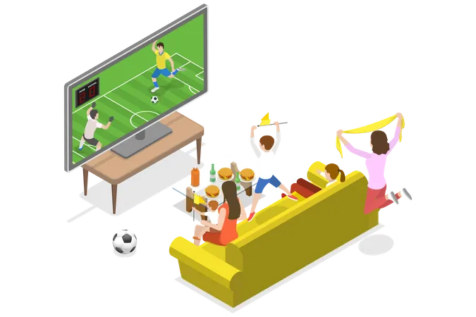 Ilustracao Conceitual De Vetor Plano Isometrico 3 D De Assistir Futebol Assistir Jogo De Futebol Em Familia Na TV Ilustração