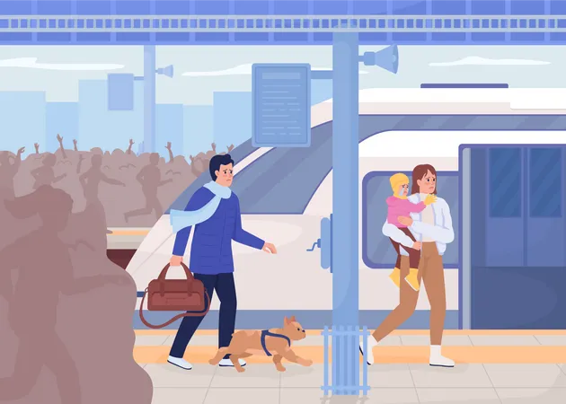 Familia asustada con perro corriendo hacia el tren de evacuación  Ilustración