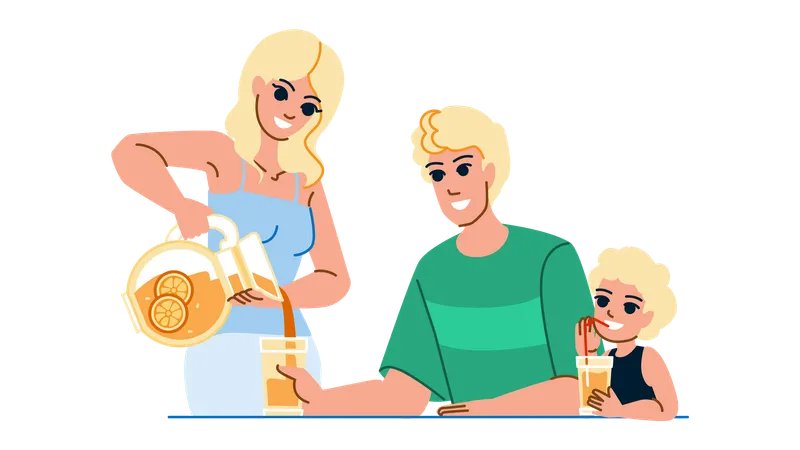 Familia bebiendo jugo de naranja  Ilustración