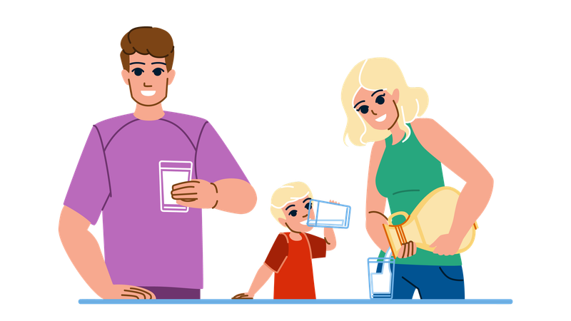 Familia bebiendo leche por la mañana  Ilustración