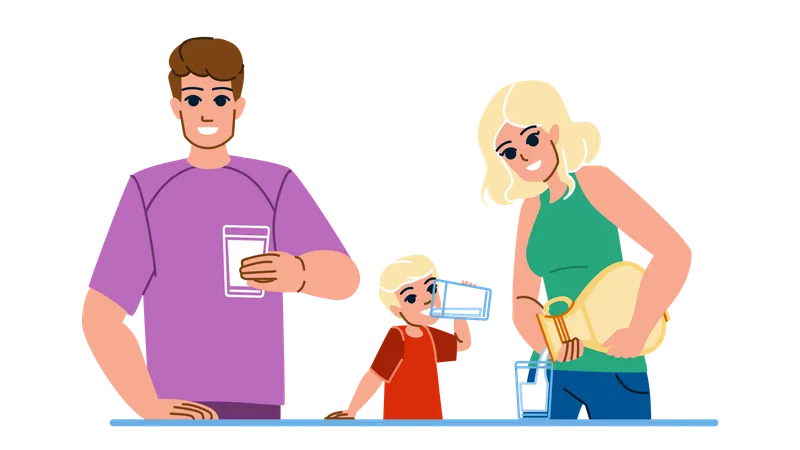 Familia bebiendo leche por la mañana  Ilustración