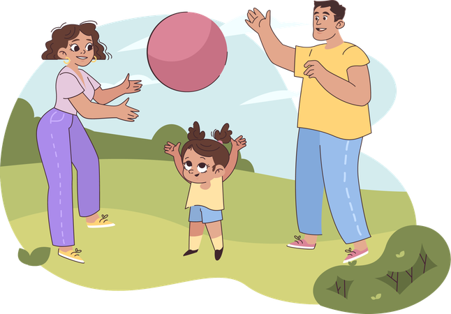 Família brincando com bola no parque  Ilustração