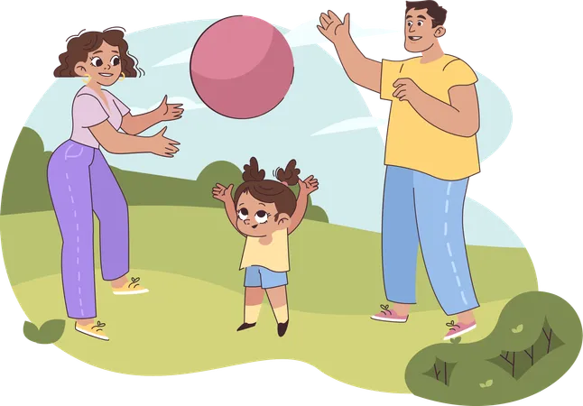 Família brincando com bola no parque  Ilustração