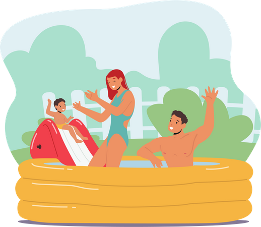 Família brincando na banheira da piscina  Ilustração