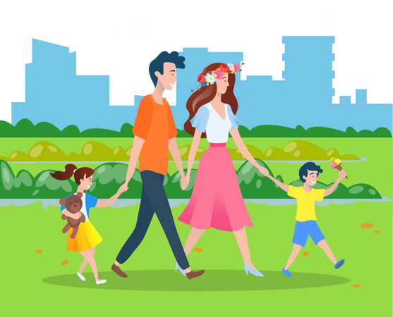 Familia caminando en el parque  Ilustración