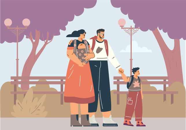 Familia paseando por el parque con un niño pequeño en un portabebés  Illustration