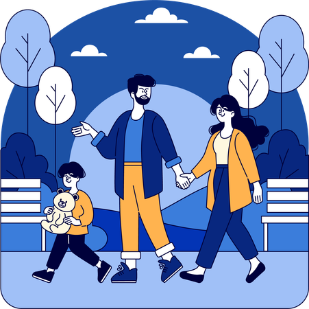 Família caminhando no parque durante a meia-noite  Ilustração