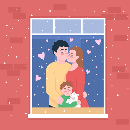 Familia feliz parada en la ventana de casa  Ilustración
