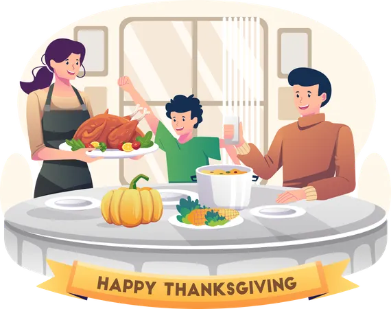 Família comemora o Dia de Ação de Graças jantando juntos  Ilustração