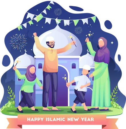 A Familia Comemora O Ano Novo Islamico Jogando Fogos De Artificio A Noite Ilustracao Vetorial Plana Ilustração