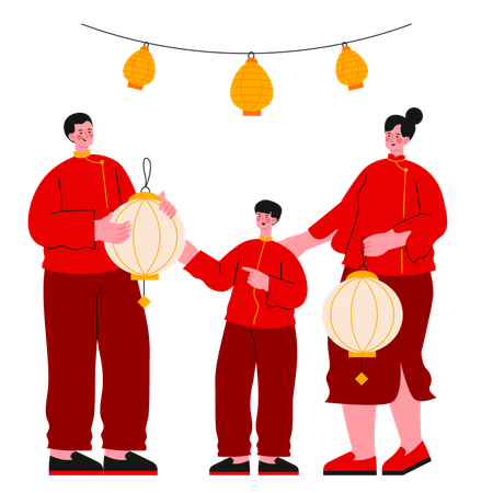 Familia celebrando el año nuevo chino  Ilustración