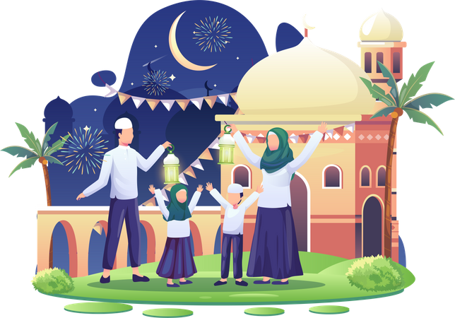 Familia celebrando el año nuevo islámico el 1 de Muharram  Ilustración