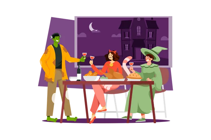 Familia celebrando halloween  Ilustración