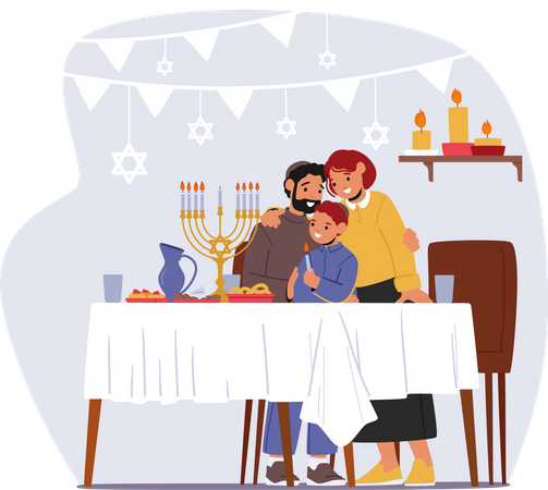 Família comemorando hanukkah  Ilustração