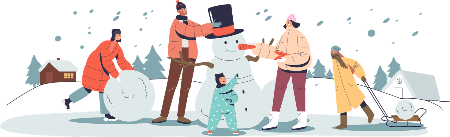 Família celebrando invernos decorando boneco de neve  Ilustração