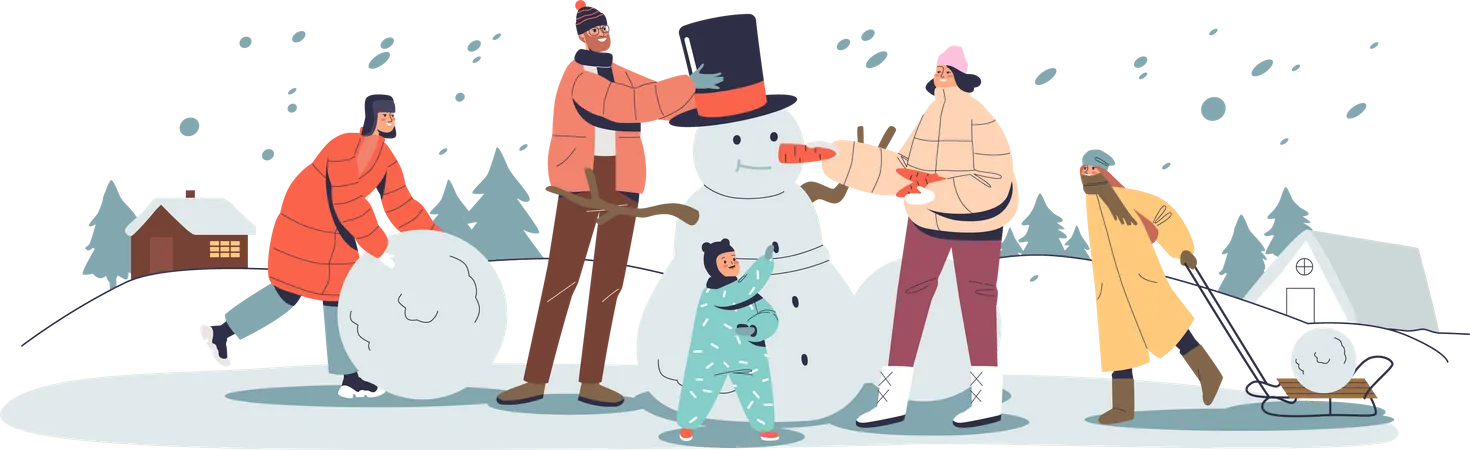 Família celebrando invernos decorando boneco de neve  Ilustração