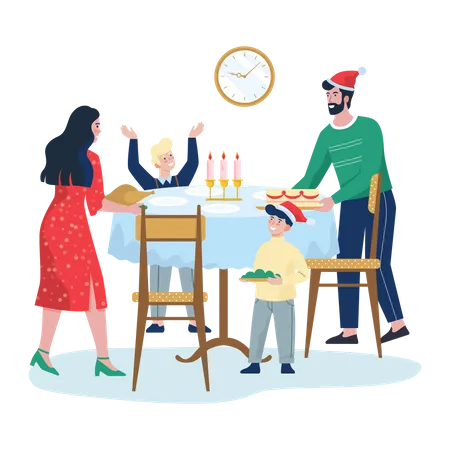 Familia celebrando la Navidad con corte de pastel  Ilustración