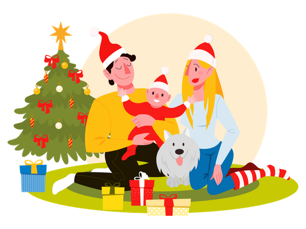 Familia celebrando la navidad con niño  Ilustración