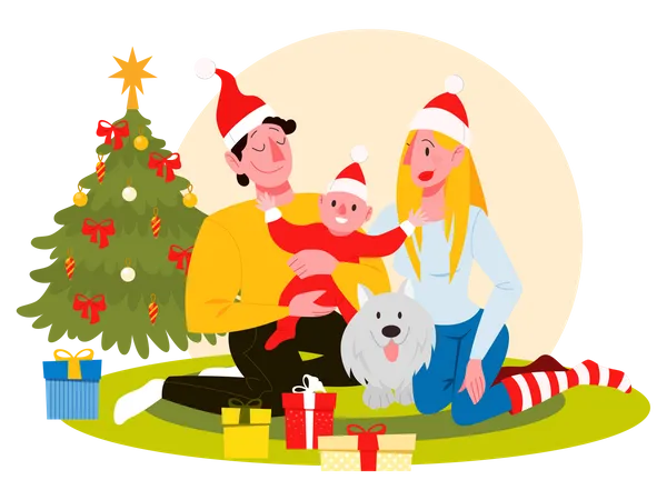 Familia celebrando la navidad con niño  Ilustración