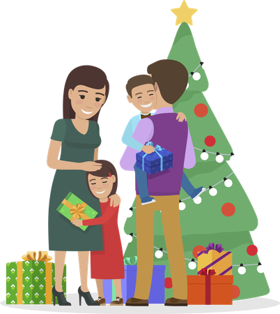 Familia celebrando la Navidad en casa junto a un pino  Ilustración