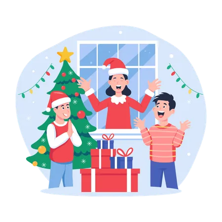 Familia celebrando la Navidad juntos  Ilustración