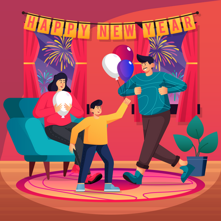 Familia celebrando la víspera de año nuevo juntos en casa  Ilustración