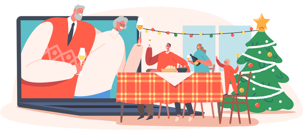 Família comemora o natal on-line  Ilustração