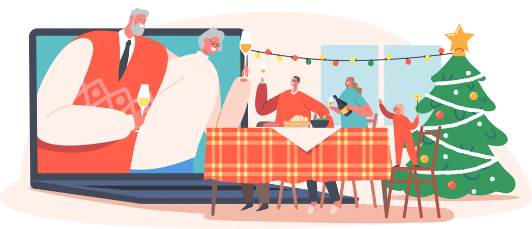 Família comemora o natal on-line  Ilustração