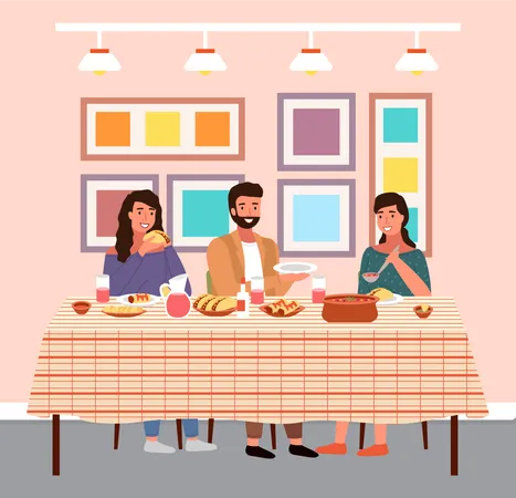 Familia cenando en el restaurante  Ilustración