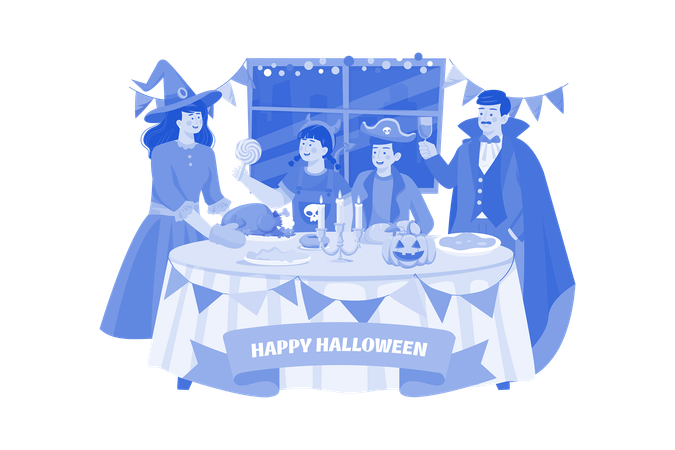 Familia cenando juntos Halloween  Ilustración